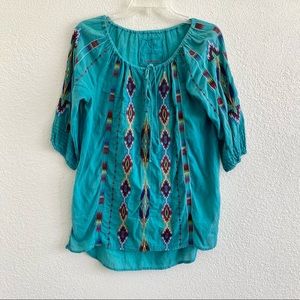 Johnny Was 3J Workshop Ikat Embroidered Multicolor Boho Peasant Blouse